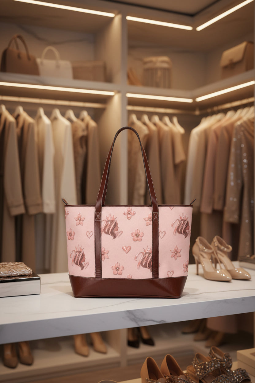 Msfbrownie Pink Floral Heart Tote Handbag – Cute Blossom Pattern Everyday Shoulder Bag