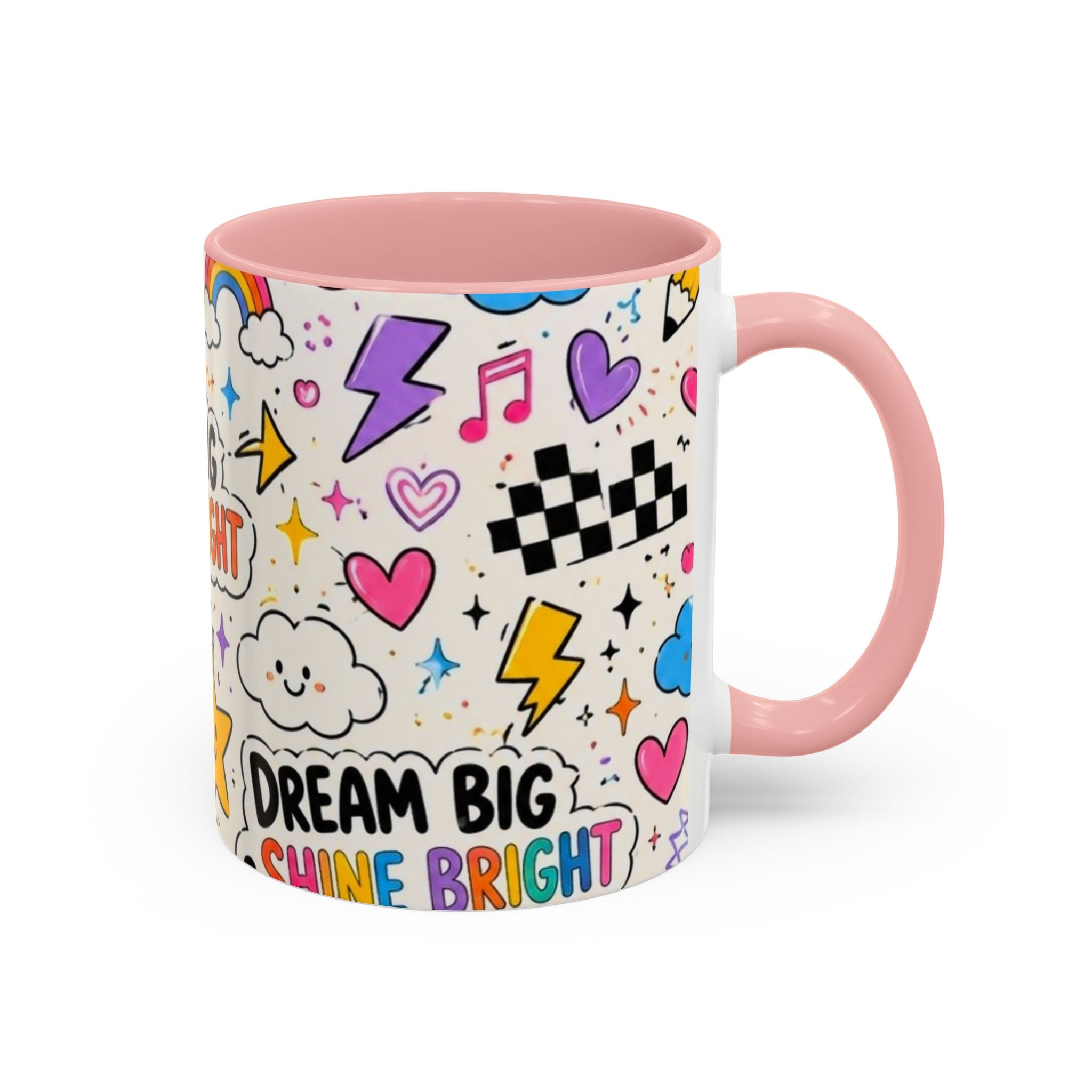 Dream Big Shine Bright Accent Mug — Inspirational Rainbow Doodle Coffee Cup