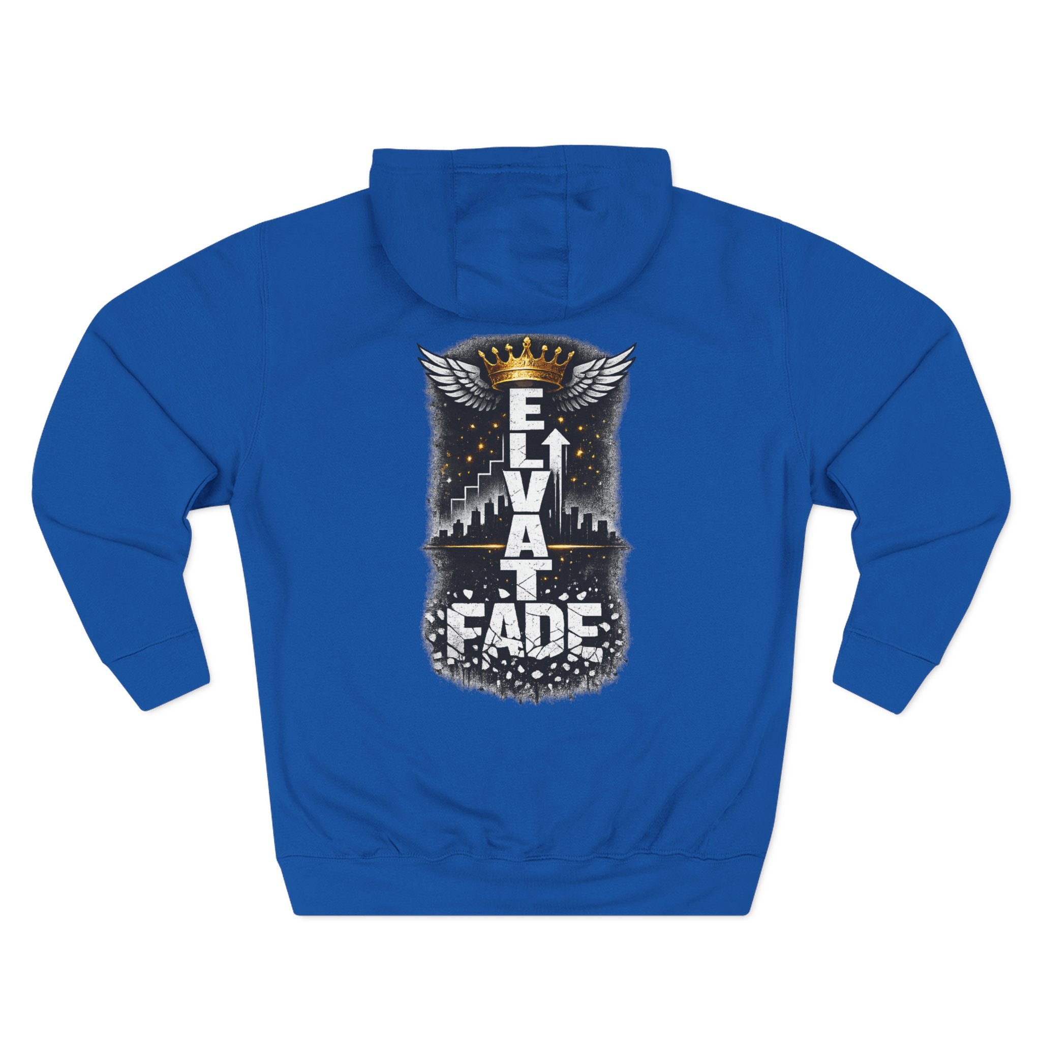 Elevate or Fade Hoodie - Urban Graphic Fleece Pullover with Crown and Wings Design for Stylish Comfort