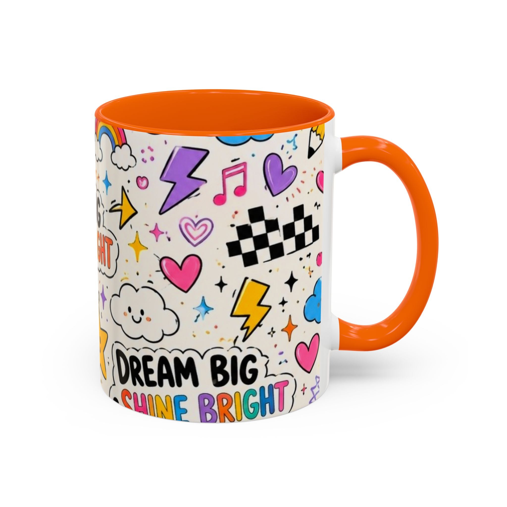 Dream Big Shine Bright Accent Mug — Inspirational Rainbow Doodle Coffee Cup