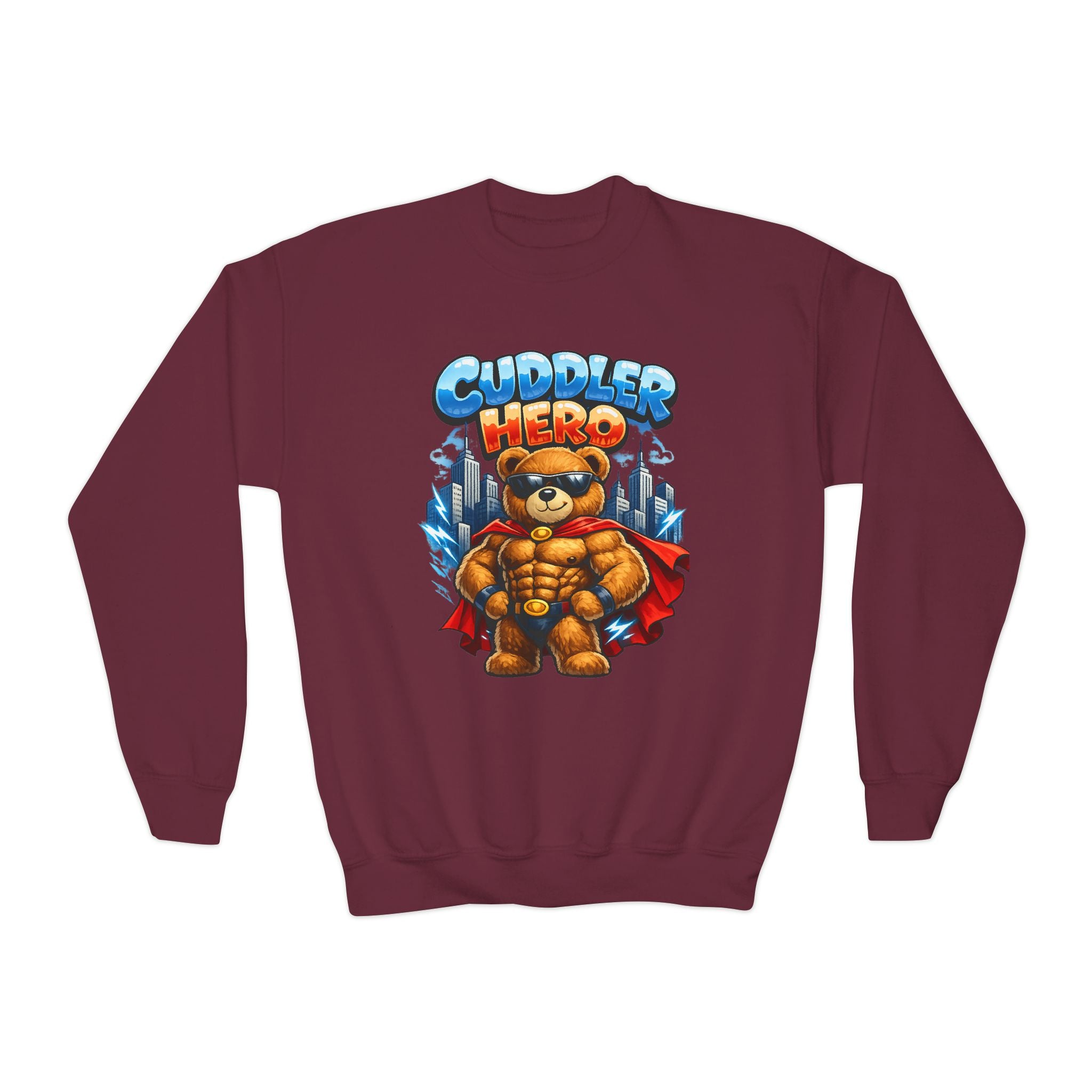 Cuddler Hero Kids Sweatshirt — Cute Superhero Teddy Crewneck