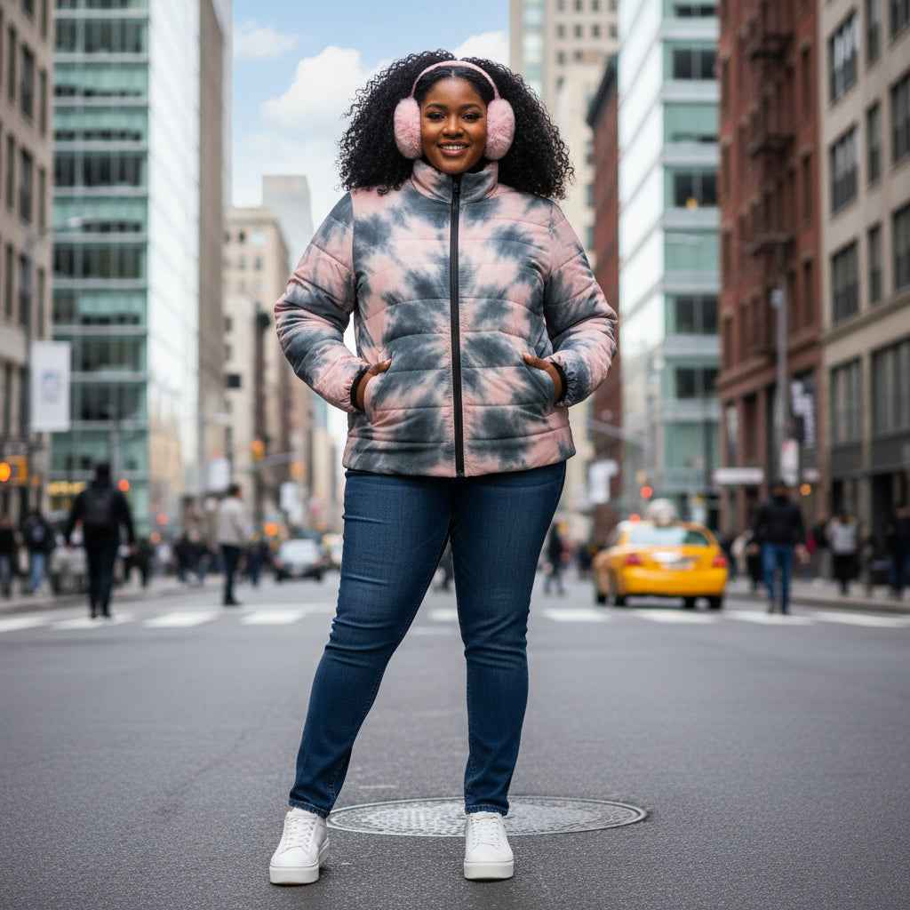 Tie-Dye Spiral Women’s Puffer Jacket — Cozy Pink & Slate Outdoor Coat