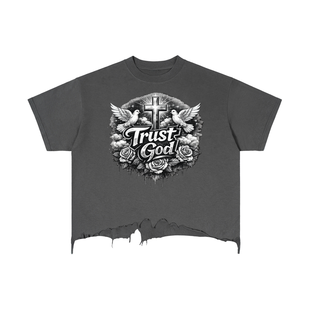 Trust God Vintage Wash Boxy Distressed Hem T-Shirt
