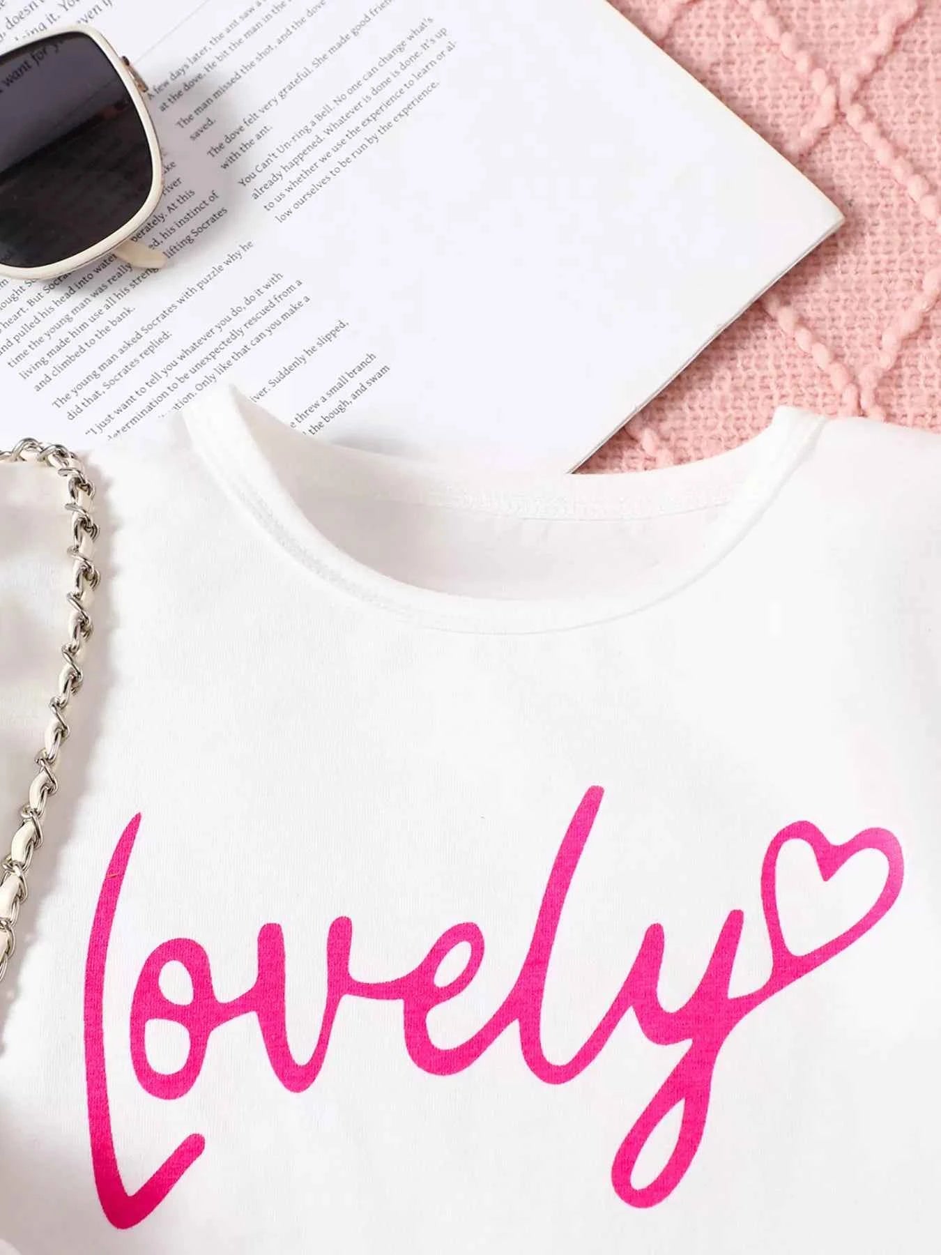 Children's Letter Long Sleeve Top and Denim Skirt Set