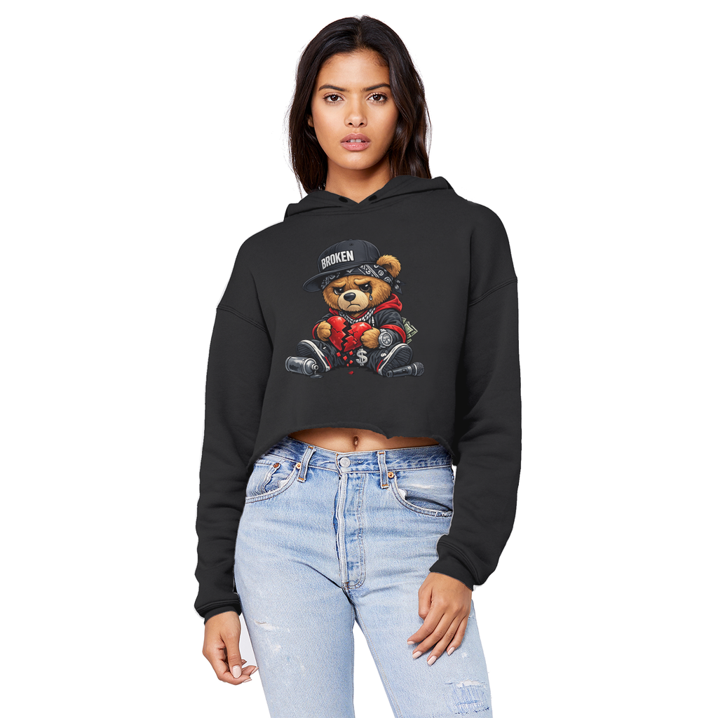 Broken Hearted Bear Cropped Raw Edge Boyfriend Hoodie