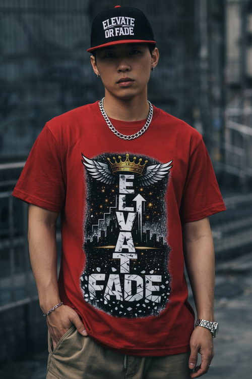 Elevate or Fade T-Shirt — Motivational Streetwear Tee with Crown & Wings