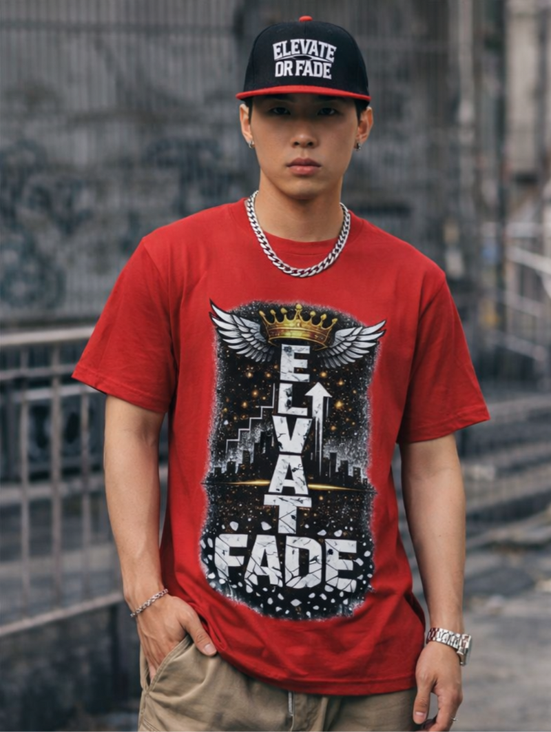 Elevate or Fade T-Shirt — Motivational Streetwear Tee with Crown & Wings
