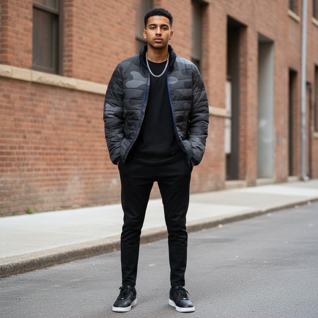 Men's Puffer Jacket in Camo Grey - Lightweight Insulated Outerwear for Comfort and Style