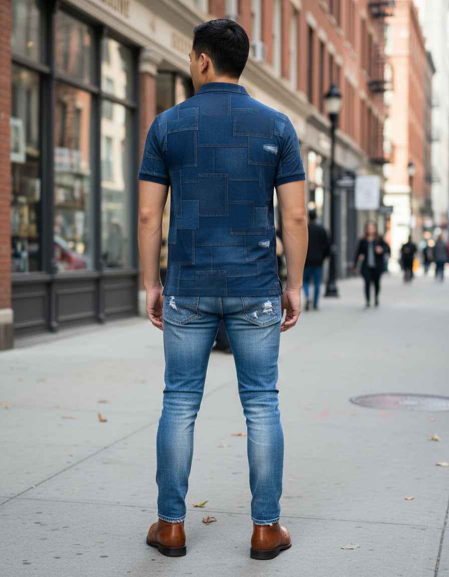 DENIM Men's All-Over Print Slim Fit Short Sleeve Polo