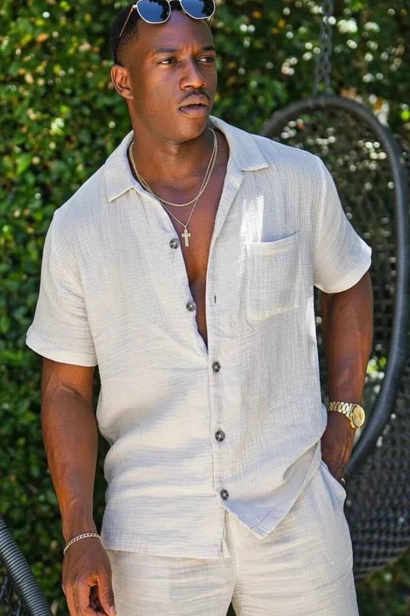 Men's Full Size Button Up Short Sleeve Shirt and Shorts Plus Size