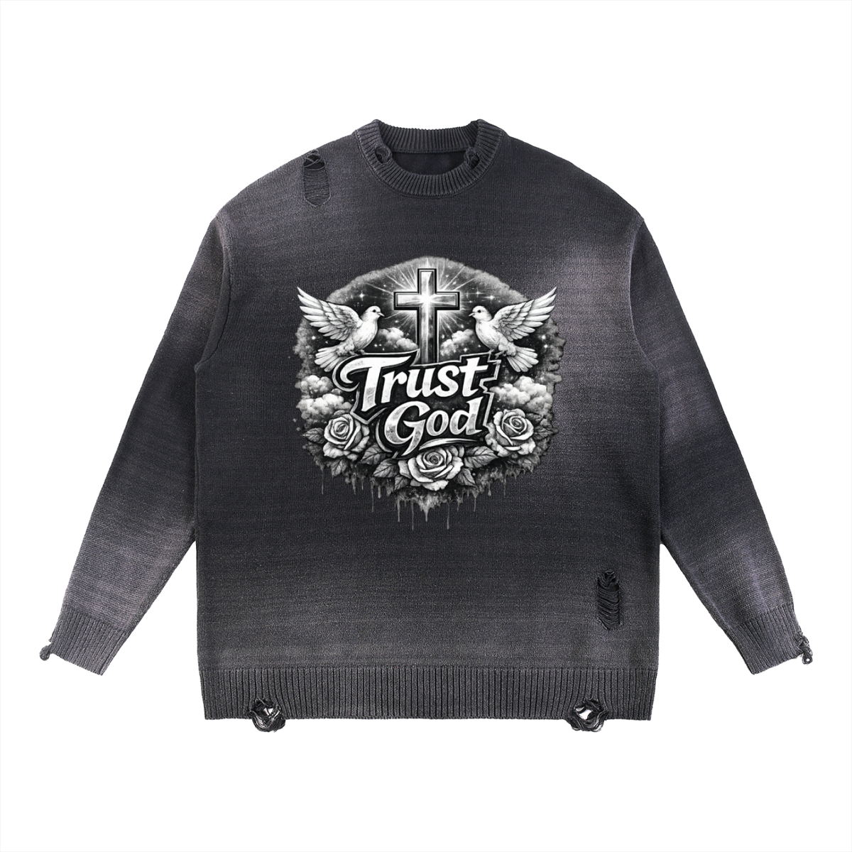 Trust God Distressed Crewneck Sweater: Embrace Your Faith in Style