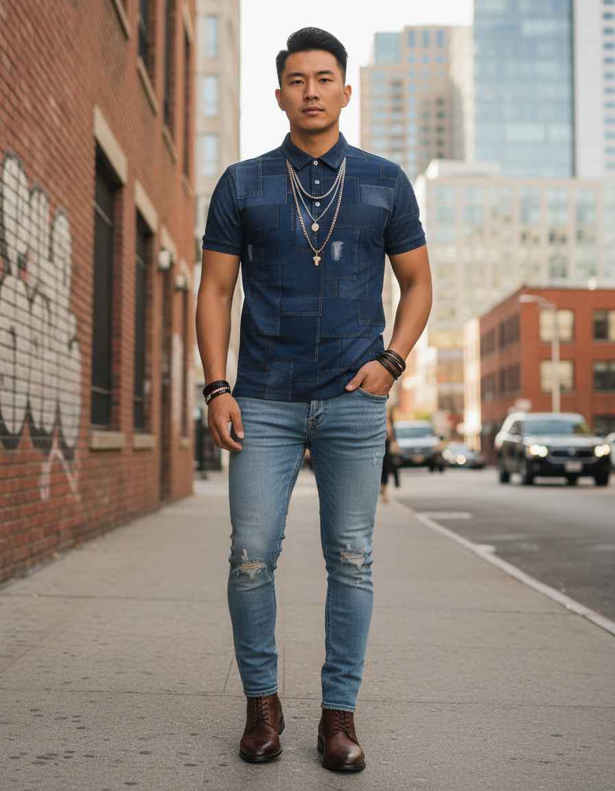 DENIM Men's All-Over Print Slim Fit Short Sleeve Polo