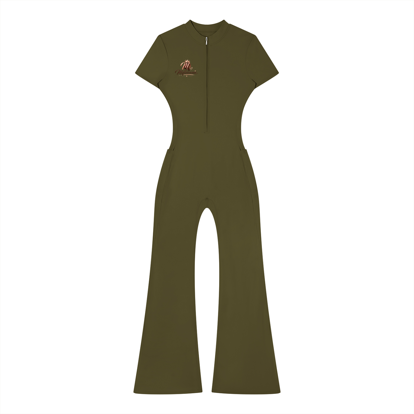 Msfbrownie Women’s Tight Flared Leg Quarter-Zip Jumpsuit