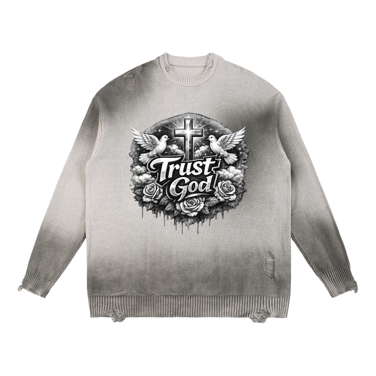 Trust God Distressed Crewneck Sweater: Embrace Your Faith in Style