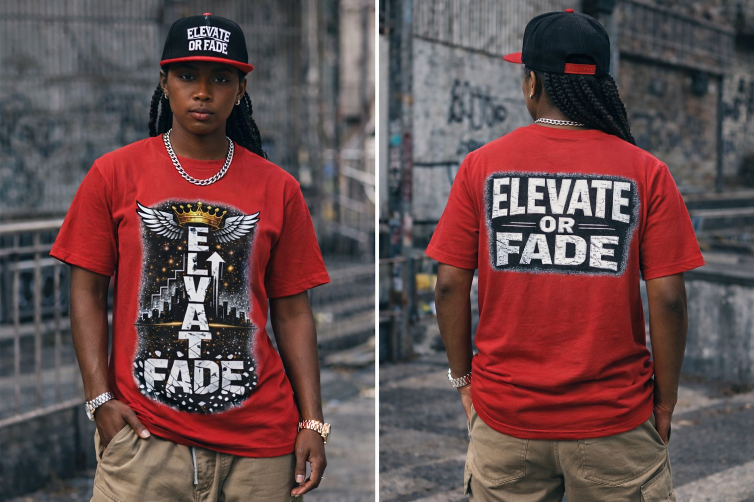 Elevate or Fade T-Shirt — Motivational Streetwear Tee with Crown & Wings