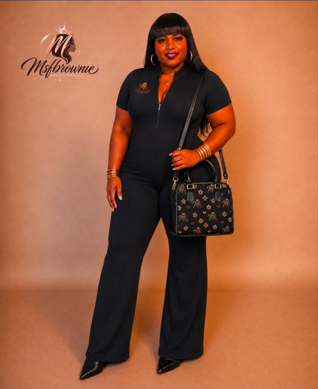 Msfbrownie Shoulder Handbag – Chic Black & Rose Gold Pattern