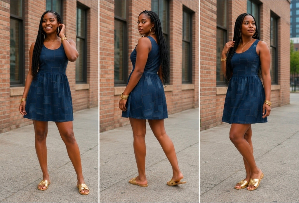 Denim Skater Dress - Women's Scoop Neck Skater Dress with Patch Detailing
