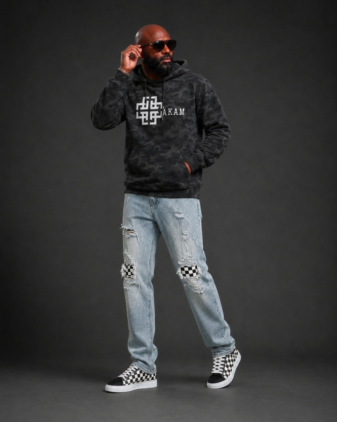 Men’s Distressed Checkerboard Patchwork Jeans – Urban Streetwear Denim