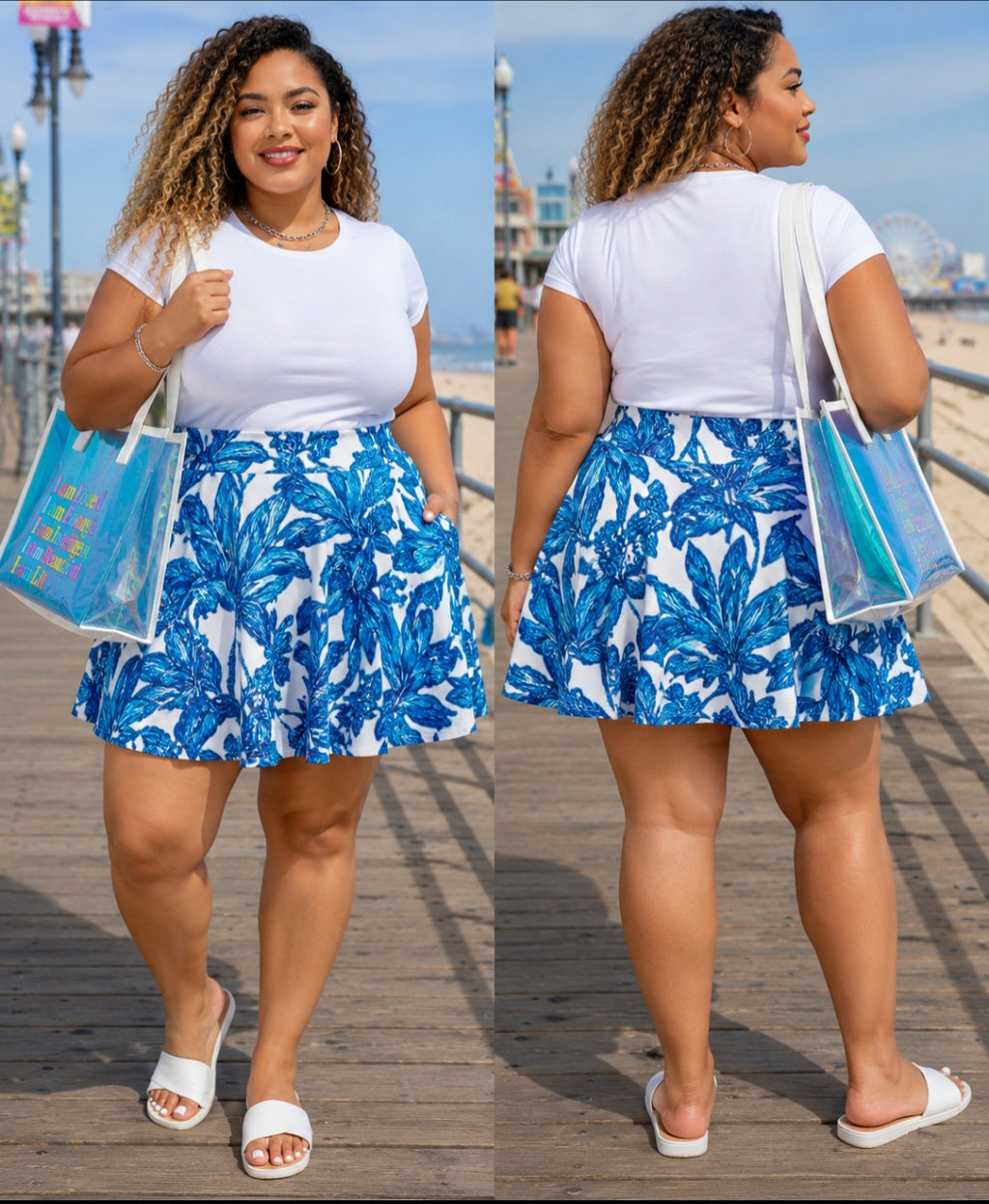 Blue Floral Skater Skirt with Watercolor Palm Print for Casual Summer Wear