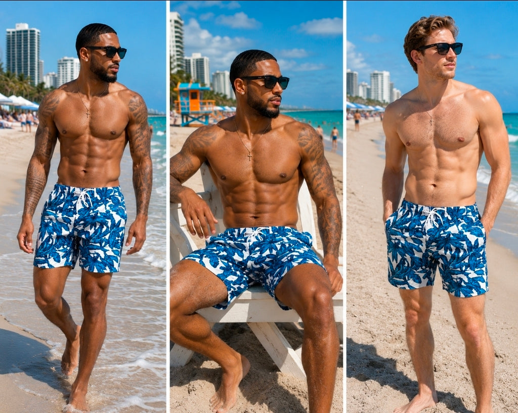 Blue Tropical Leaf Swim Trunks – All-Over Print Men's Beach Shorts for Stylish Summer Fun