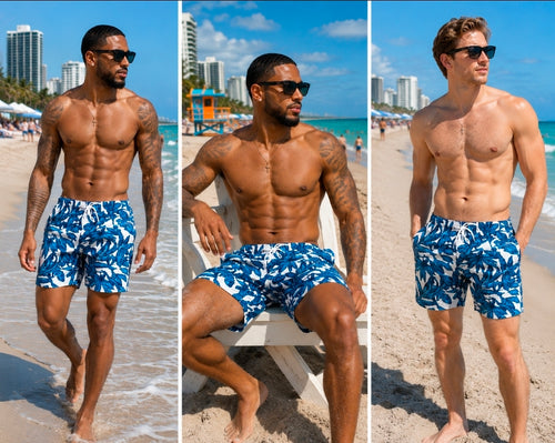Blue Tropical Leaf Swim Trunks – All-Over Print Men's Beach Shorts for Stylish Summer Fun