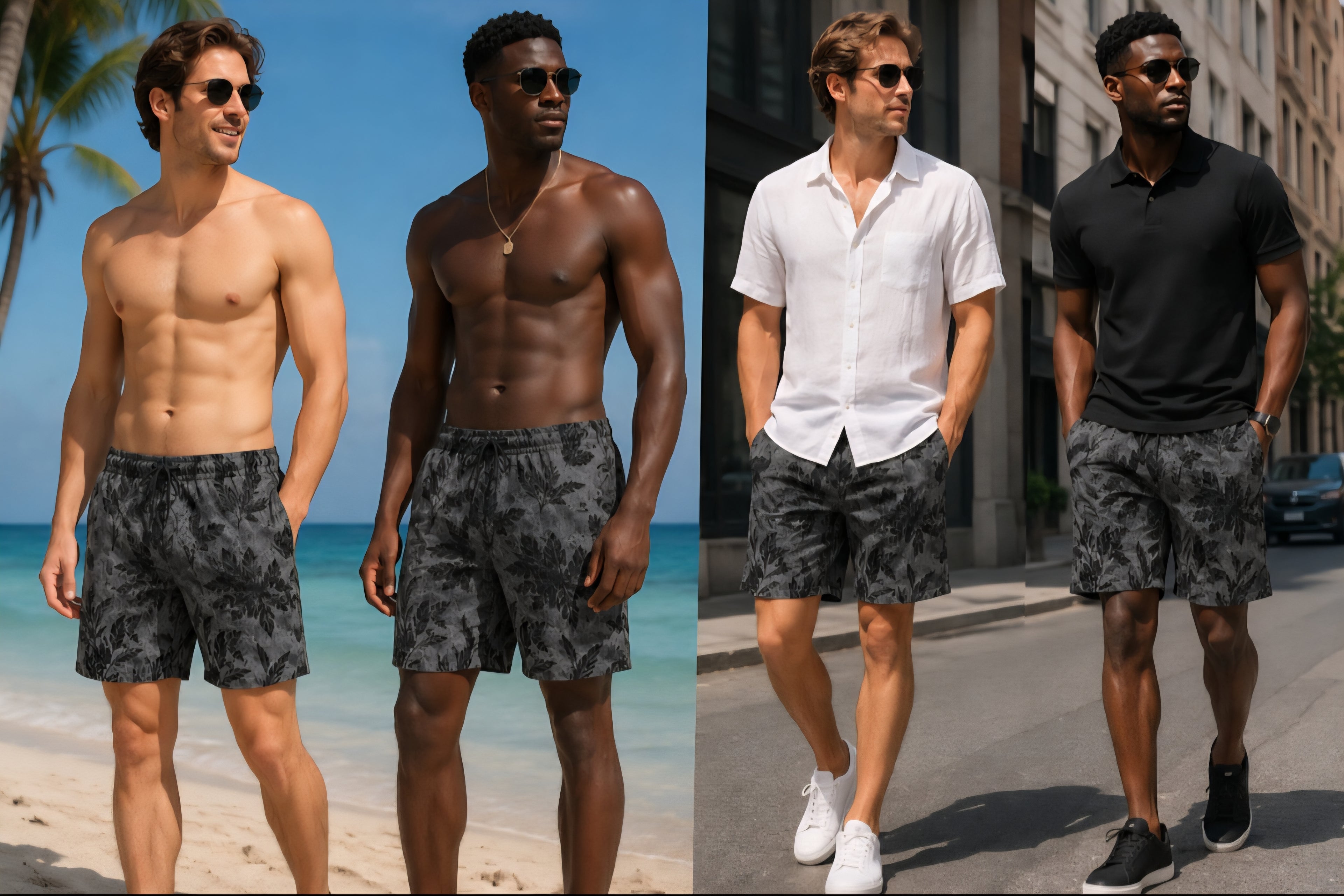 Men's Black Palm Leaf Board Shorts — Tropical Surf Swim Trunks
