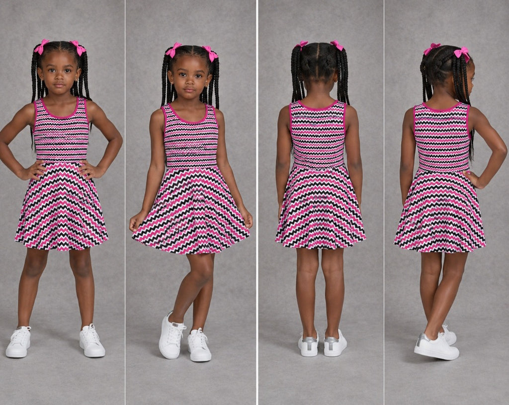 Girls Pink Black Chevron Sundress - Zigzag Sleeveless Dress for Stylish Summer Days