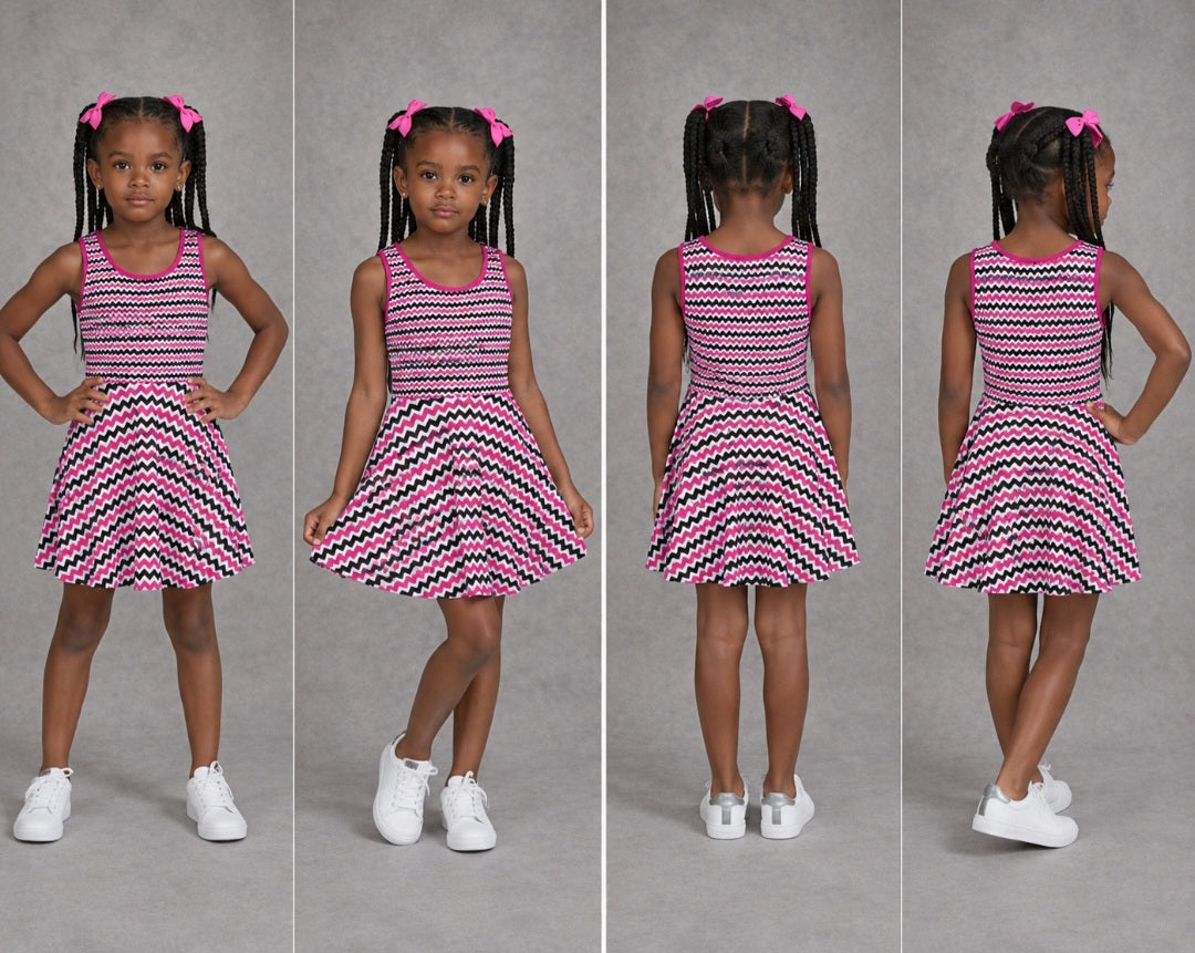 Girls Pink Black Chevron Sundress - Zigzag Sleeveless Dress for Stylish Summer Days