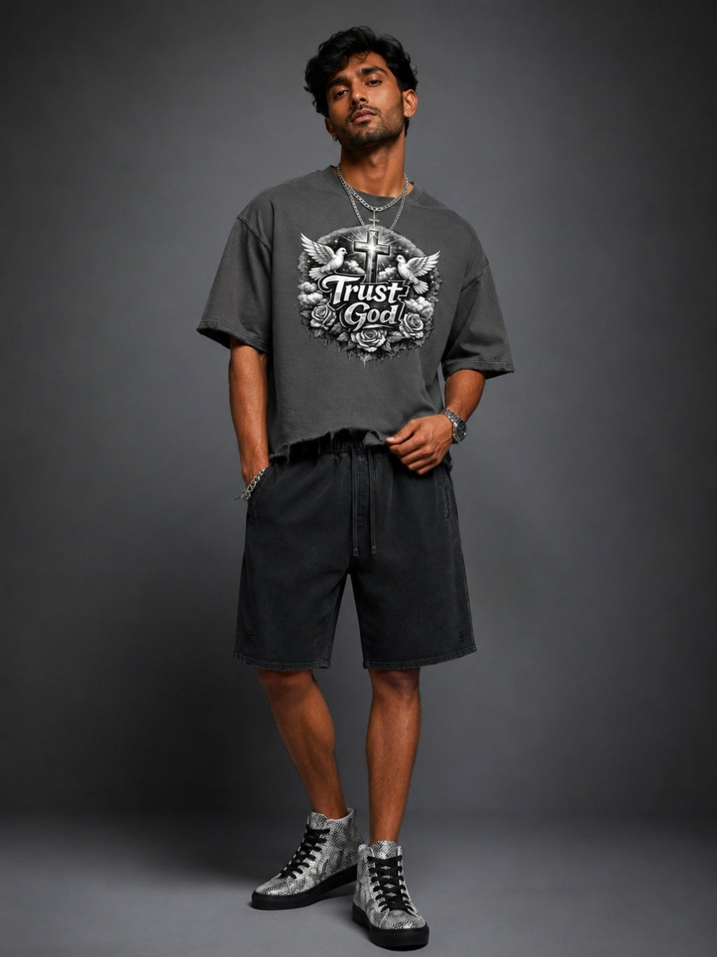 Unisex Vintage Wash Distressed Wide Leg Shorts
