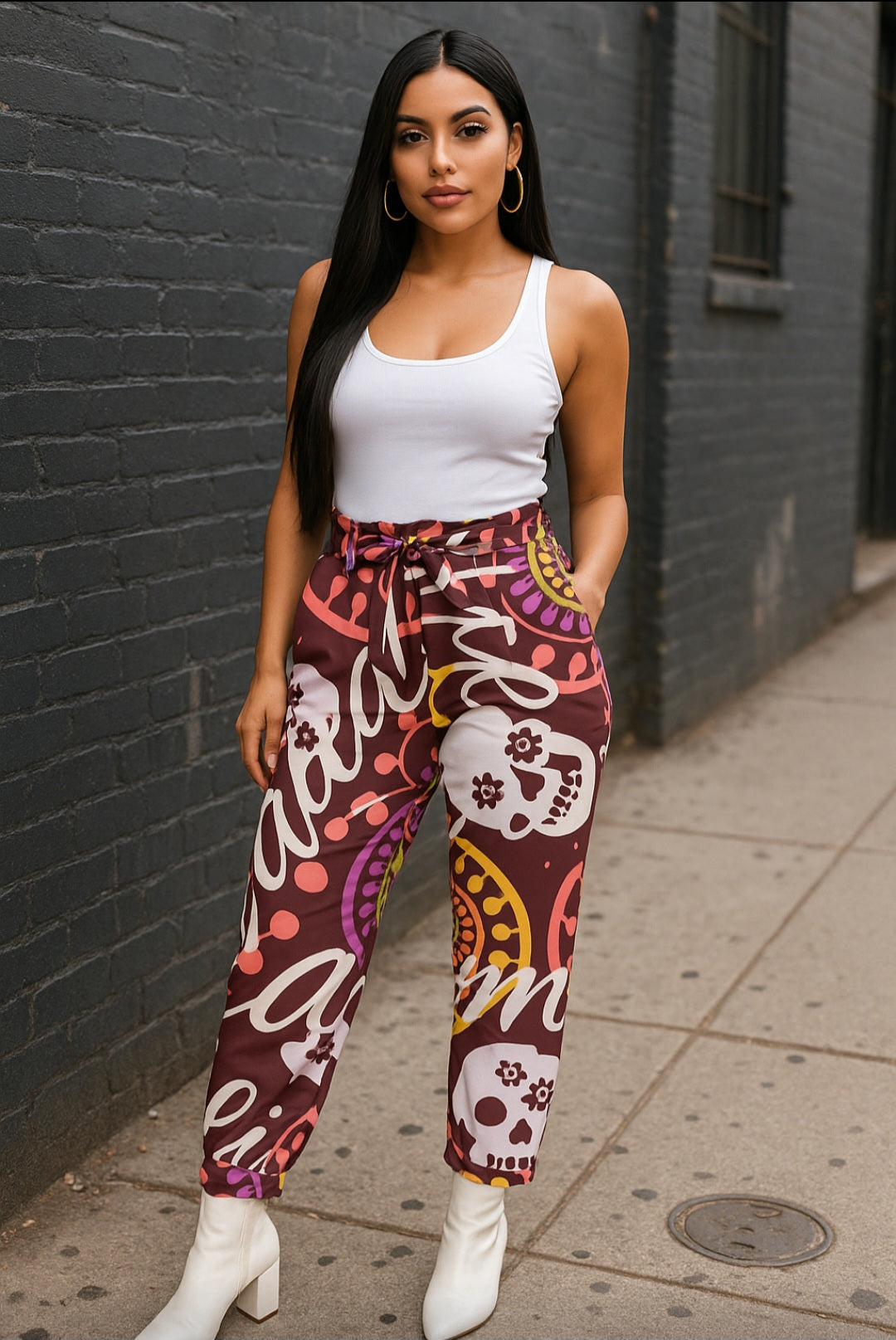 Crazy Skull 1 Women's Belted Tapered Pants