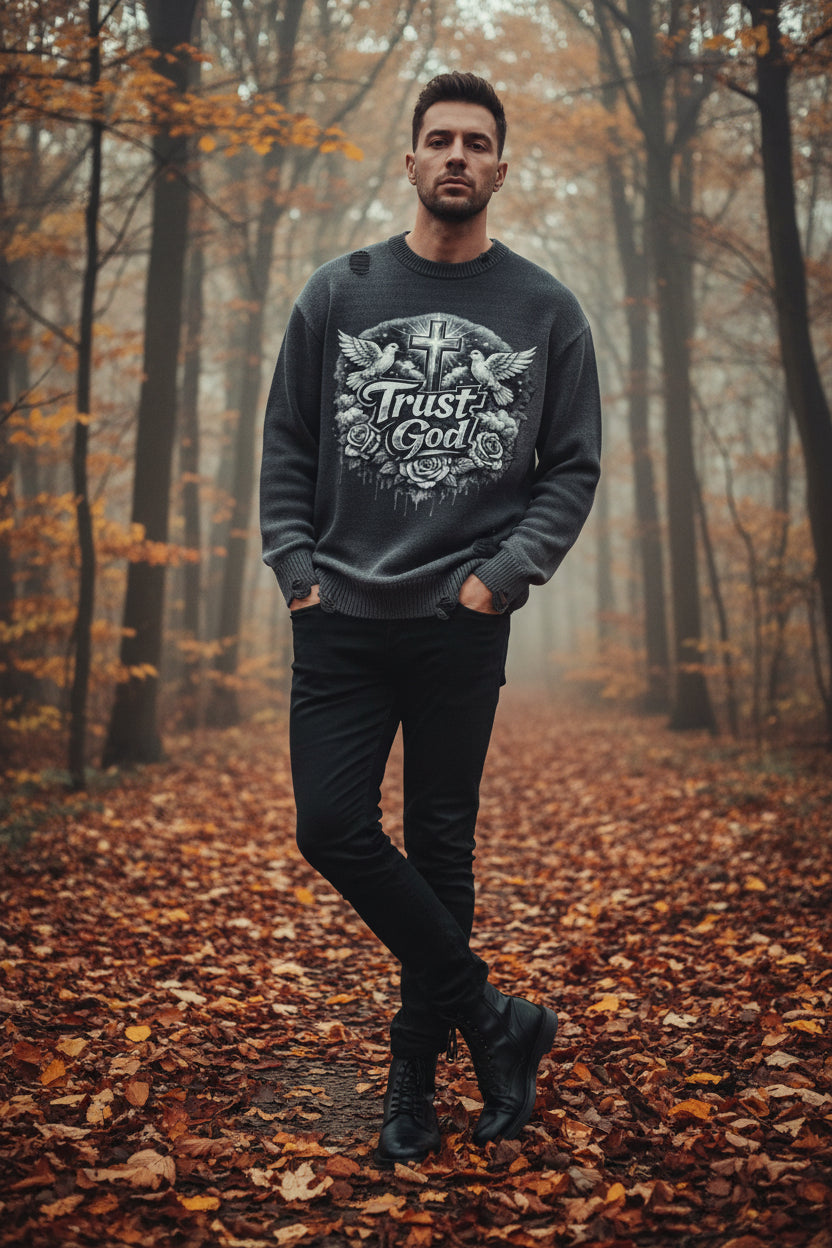 Trust God Sun Fade Distressed Ripped Crewneck sweater