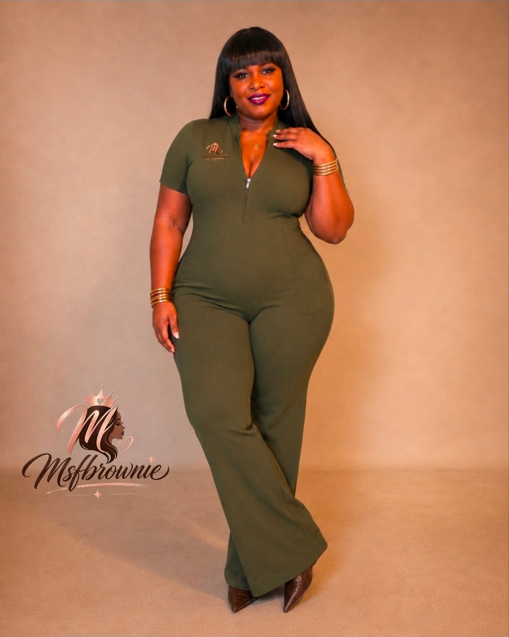 Msfbrownie Women’s Tight Flared Leg Quarter-Zip Jumpsuit