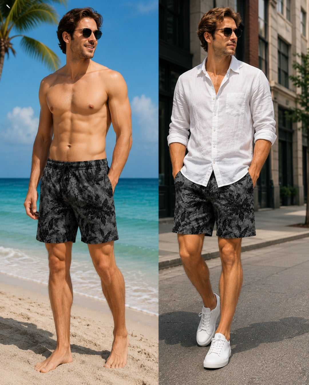 Men's Black Palm Leaf Board Shorts — Tropical Surf Swim Trunks