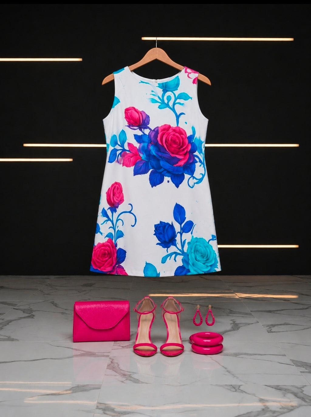 Floral Sleeveless Summer Dress in Vibrant Blue and Pink Roses