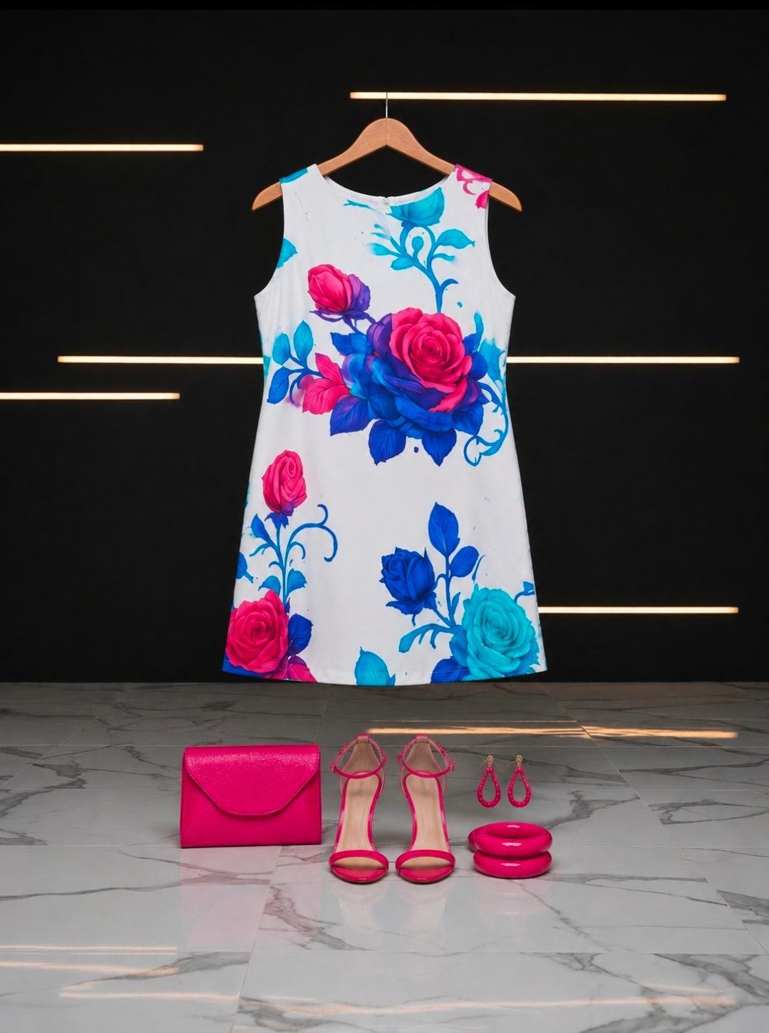 Floral Sleeveless Summer Dress in Vibrant Blue and Pink Roses