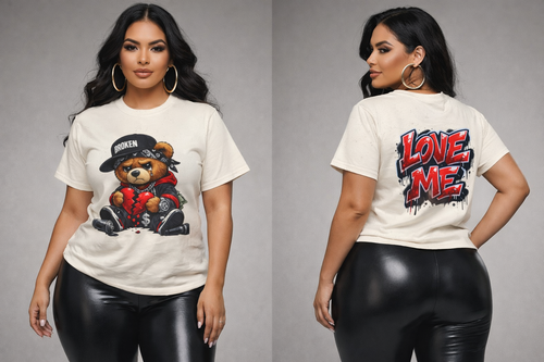 Broken Hearted Teddy Bear Graphic Tee - Love Me Street Art T-Shirt - Broken Teddy Bear Graphic Tee