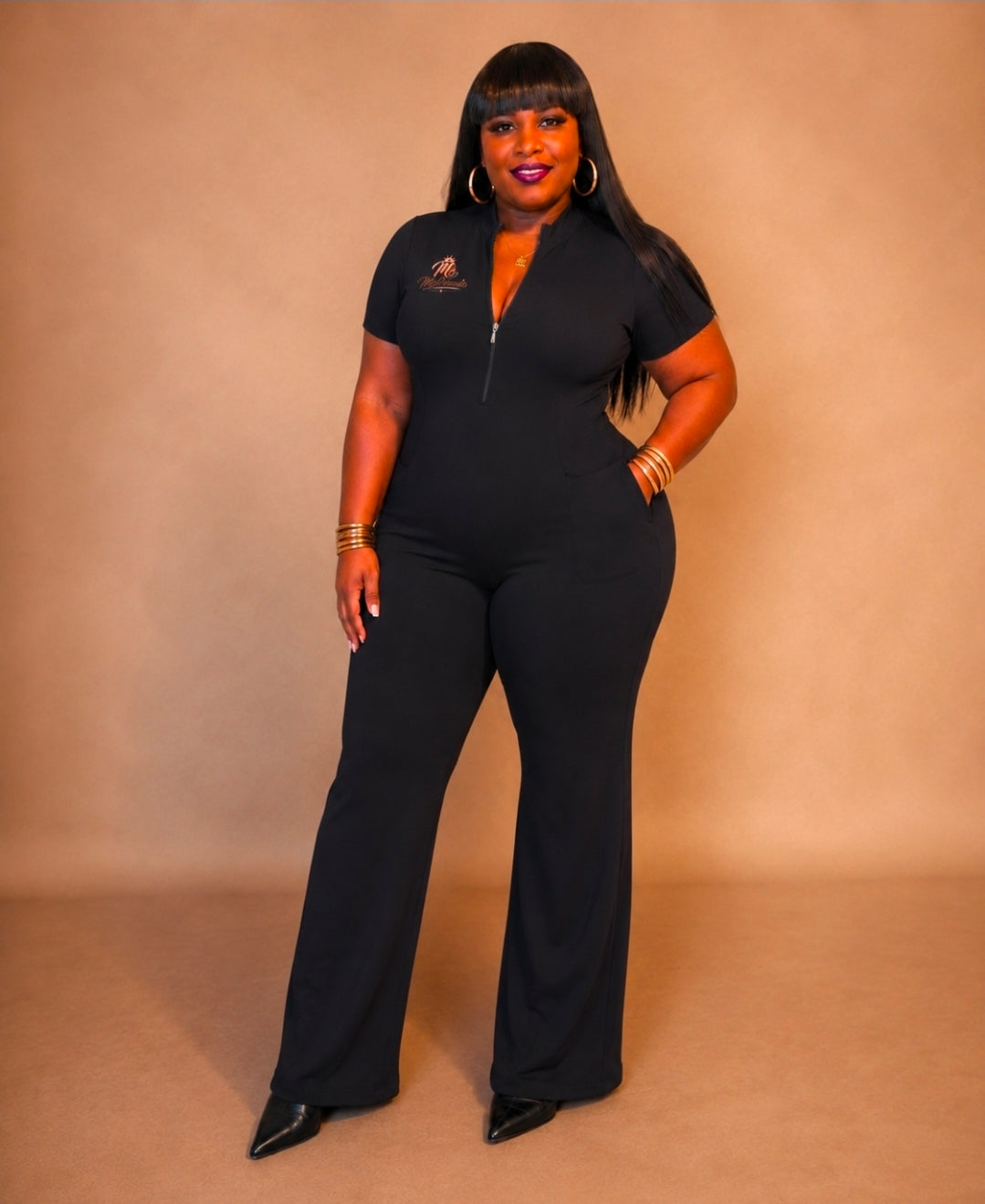 Msfbrownie Women’s Tight Flared Leg Quarter-Zip Jumpsuit