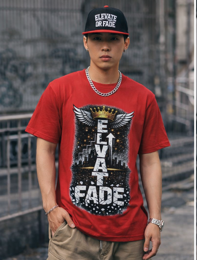 Elevate or Fade T-Shirt — Motivational Streetwear Tee with Crown & Wings