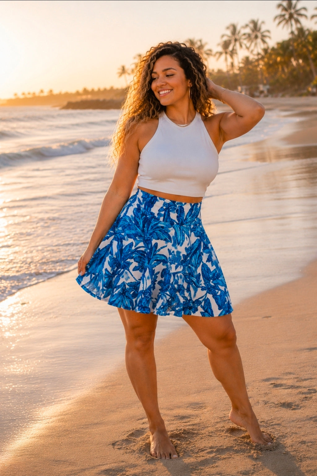 Blue Floral Skater Skirt with Watercolor Palm Print for Casual Summer Wear