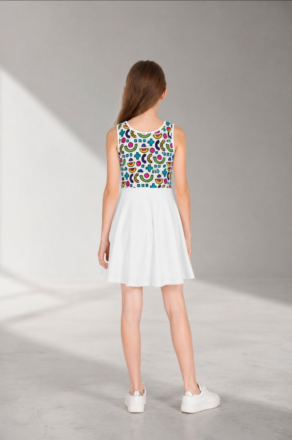 Girls' Colorful Sundress with Geometric Print - Sleeveless Summer Dress