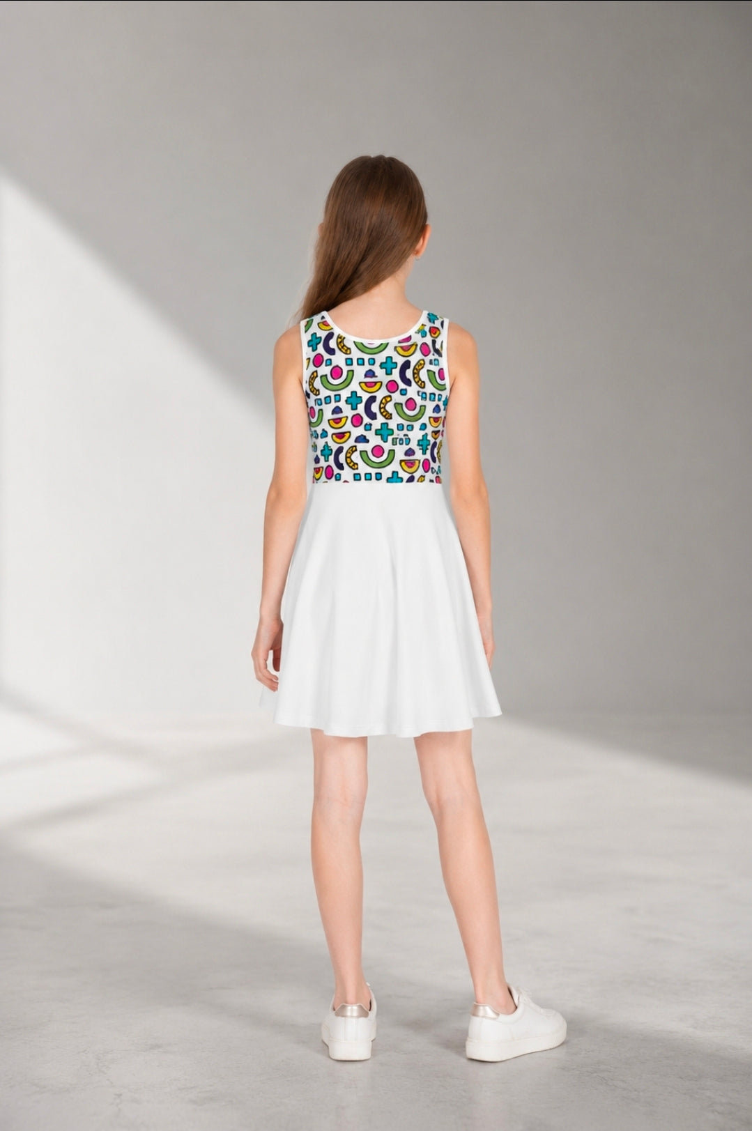 Girls' Colorful Sundress with Geometric Print - Sleeveless Summer Dress