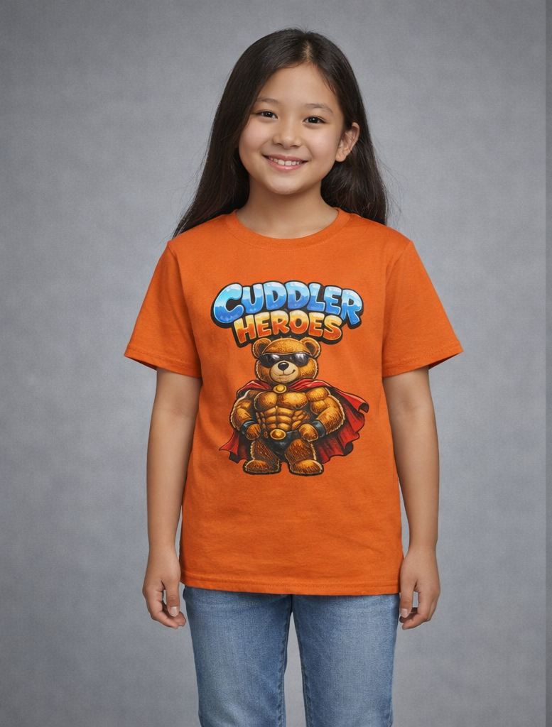 Kids Cuddler Heroes T‑Shirt — Superhero Teddy Graphic Tee for Boys & Girls