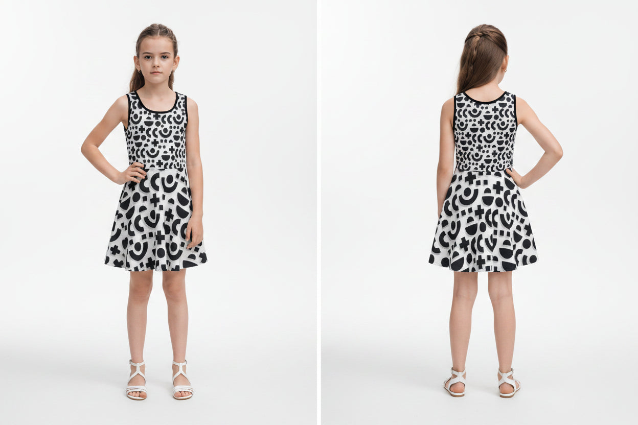 Girls Black and White Sundress with Geometric Circle and Cross Pattern