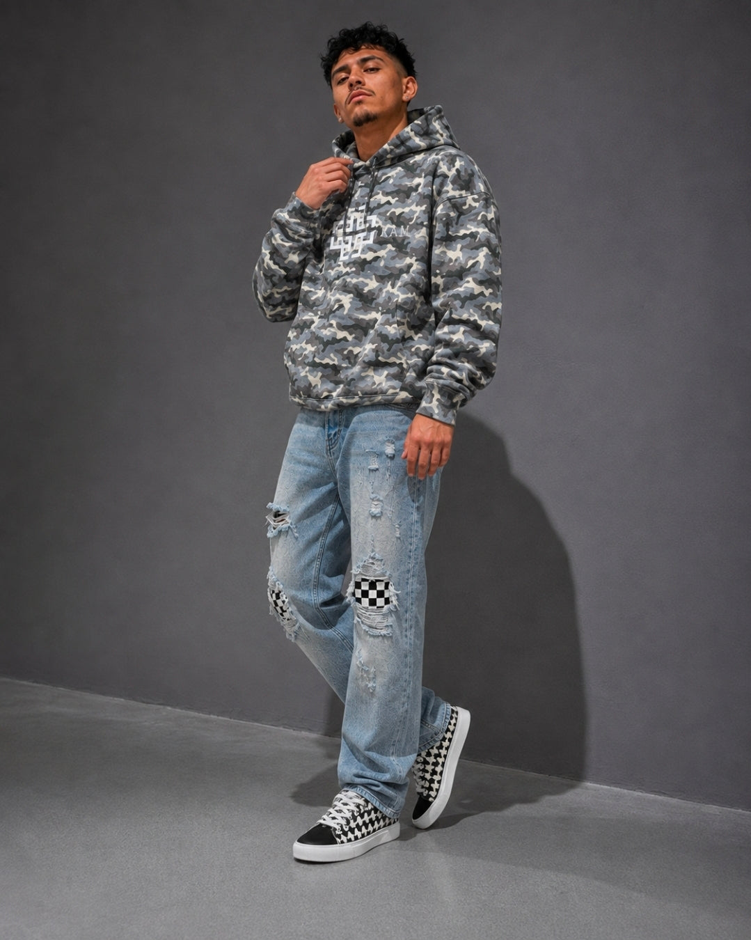 Men’s Distressed Checkerboard Patchwork Jeans – Urban Streetwear Denim