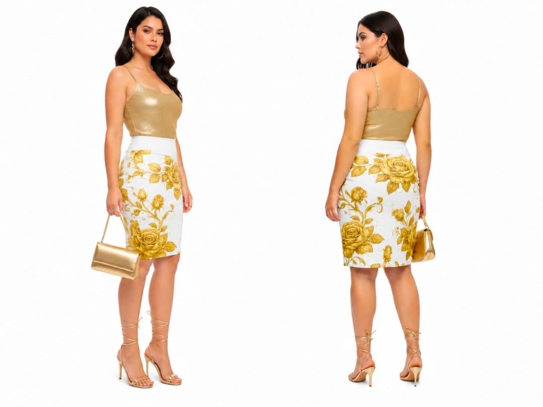 Golden Rose Pencil Skirt in Elegant White and Gold