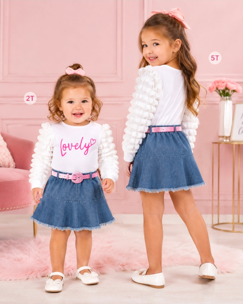 Children's Letter Long Sleeve Top and Denim Skirt Set