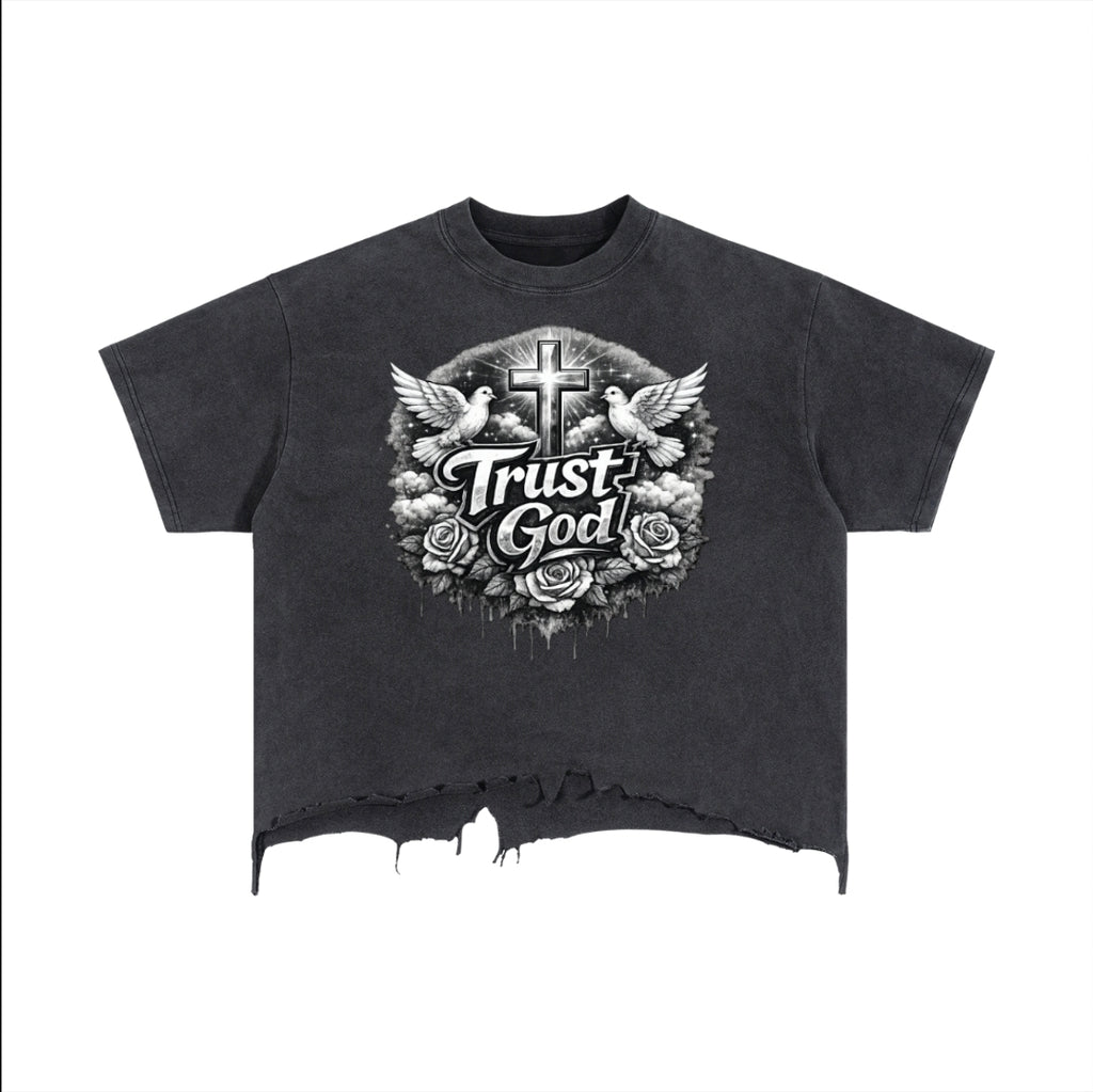 Trust God Vintage Wash Boxy Distressed Hem T-Shirt
