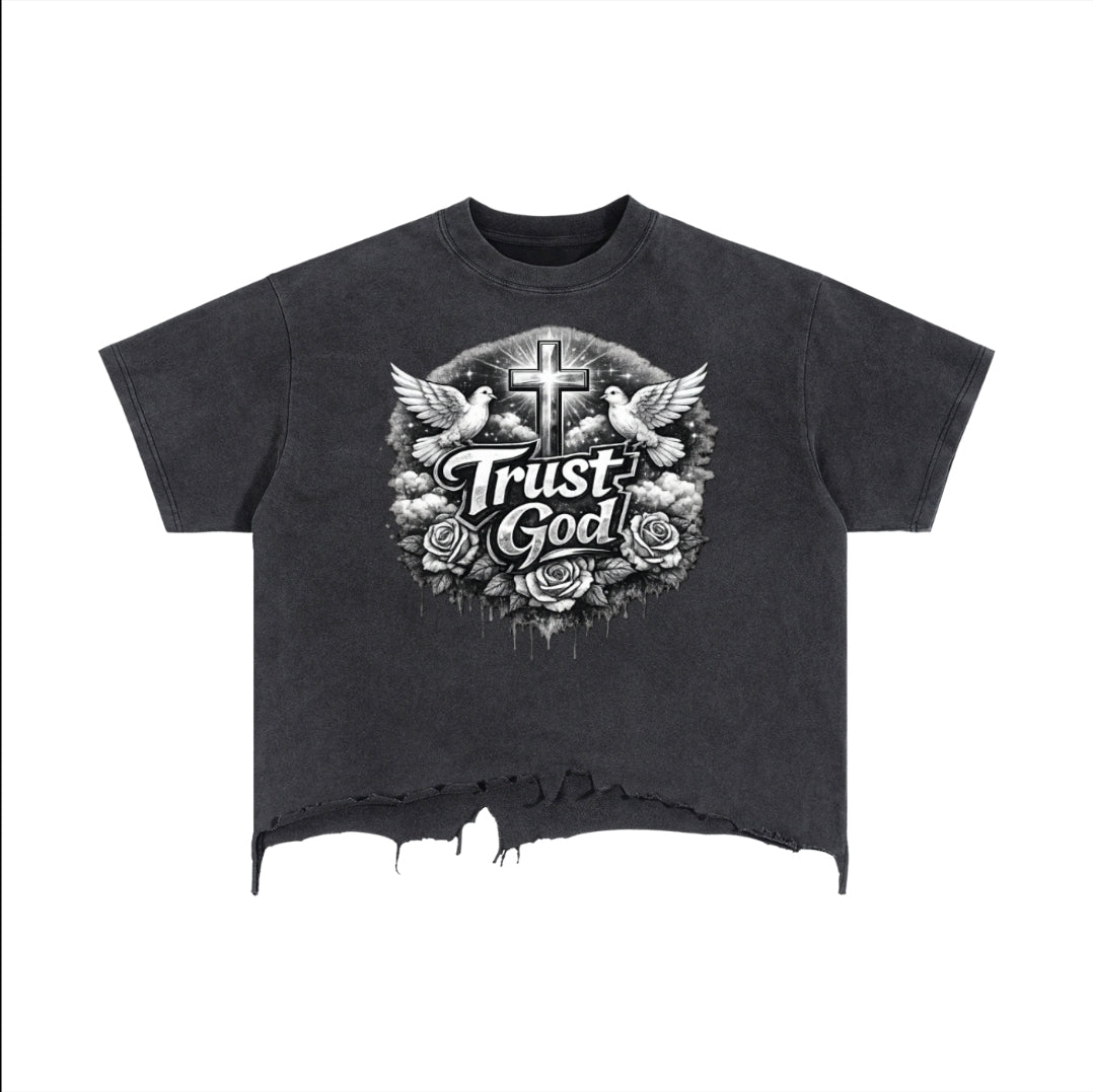 Trust God Vintage Wash Boxy Distressed Hem T-Shirt