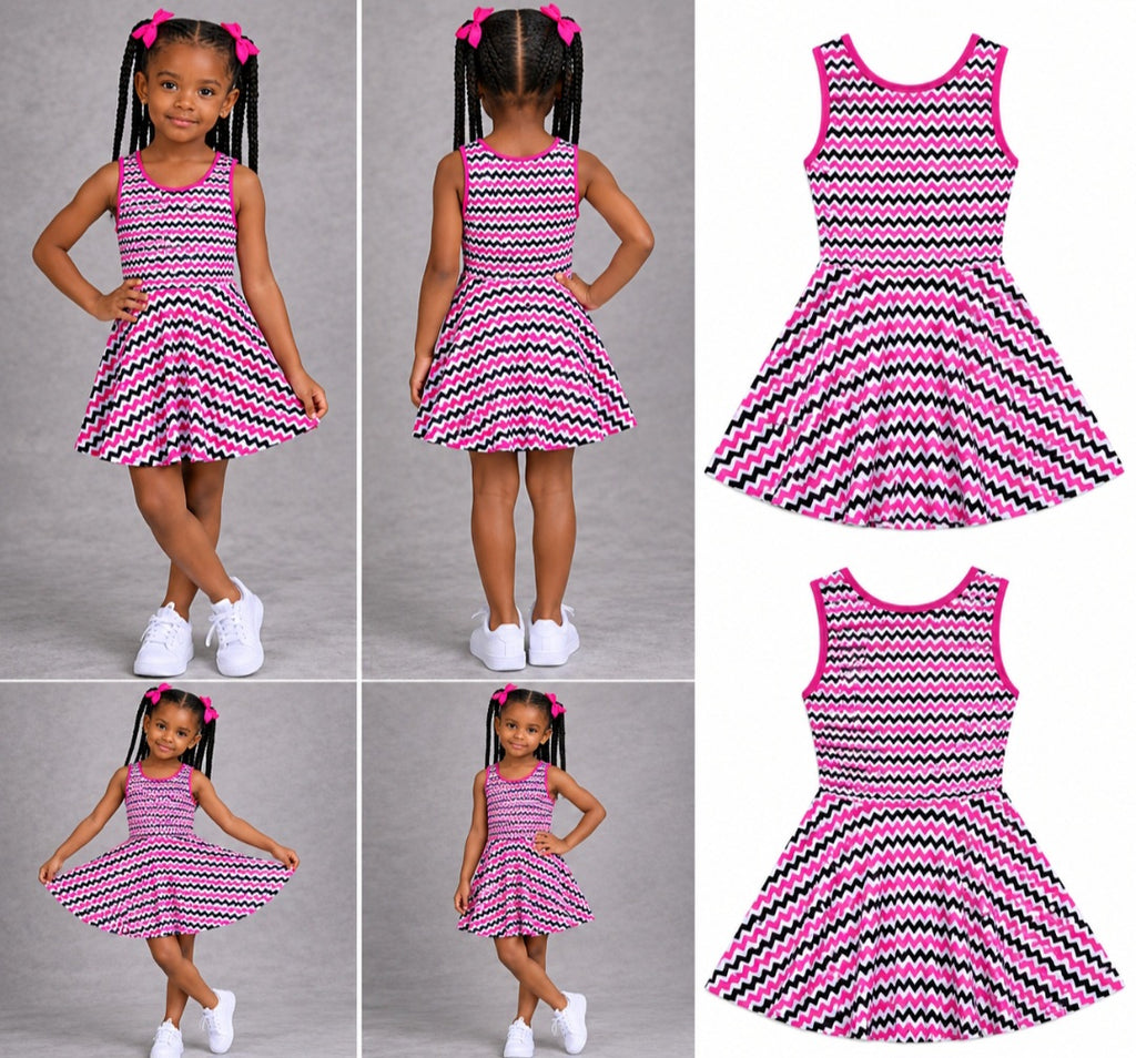 Girls Pink Black Chevron Sundress - Zigzag Sleeveless Dress for Stylish Summer Days