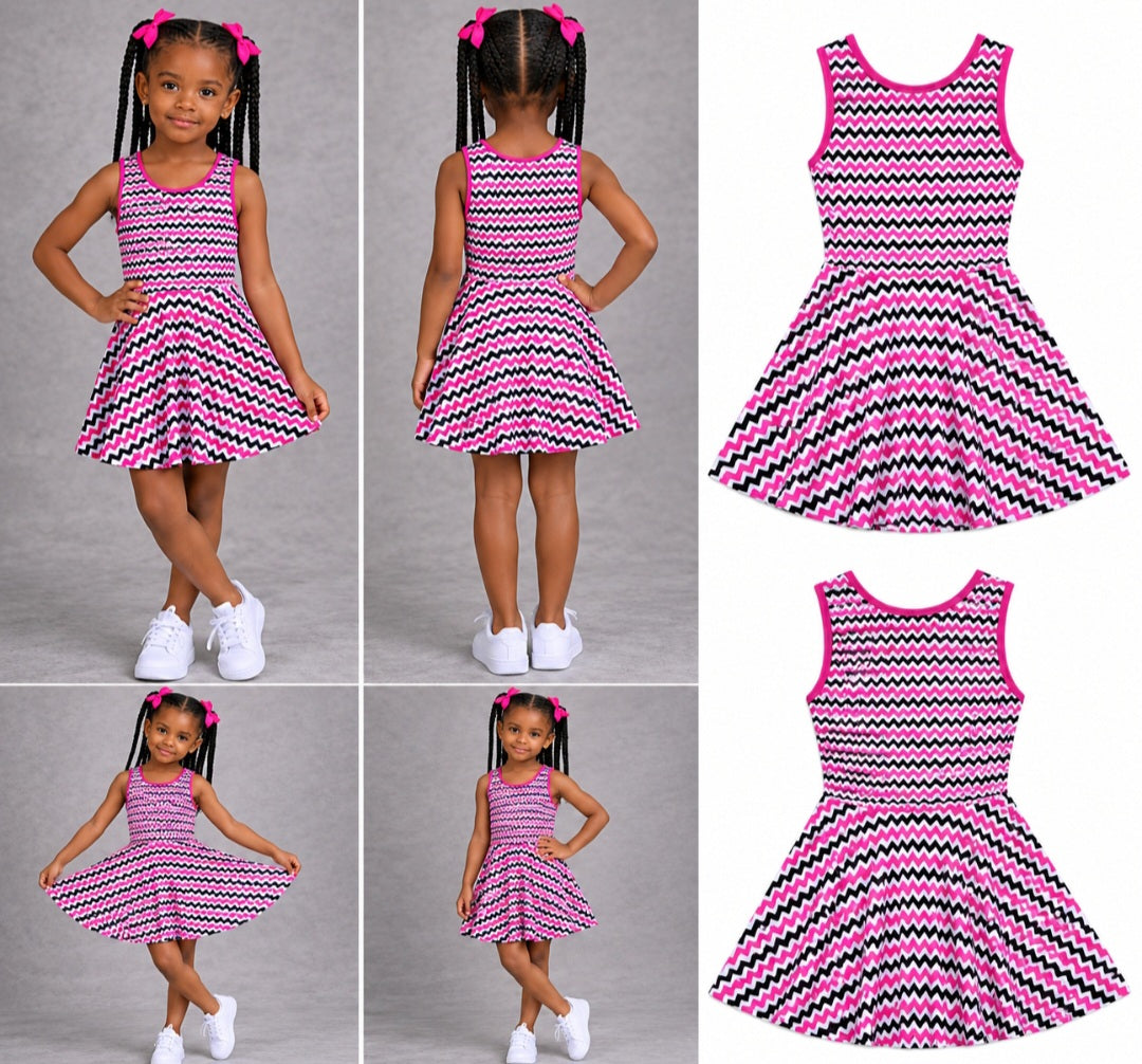 Girls Pink Black Chevron Sundress - Zigzag Sleeveless Dress for Stylish Summer Days